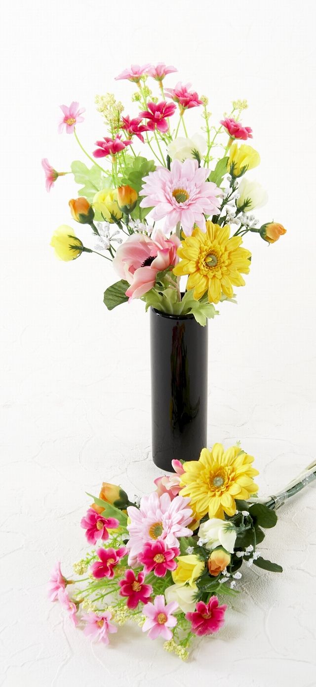 【お墓・仏壇用の造花 供花】アネモネ＆ガーベラ&デイジーのミニ仏花セット（左右１対）