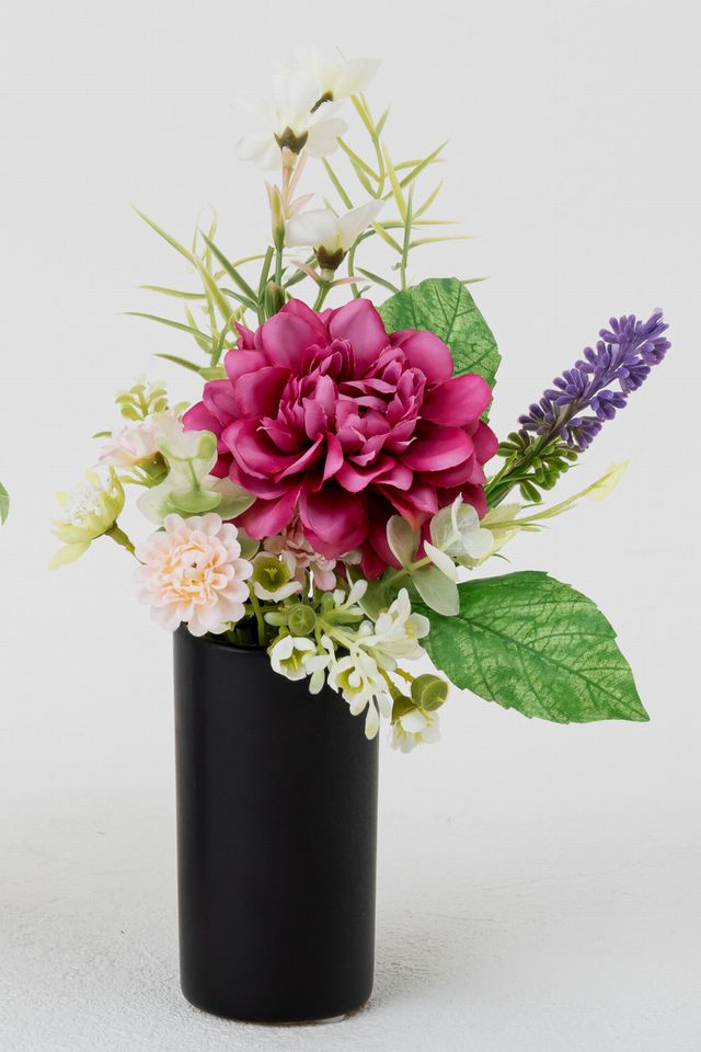 【アーティフィシャルフラワー・造花 お仏壇向けリトル仏花・供花】ラベンダーとダリアのミニ供花－1束タイプ