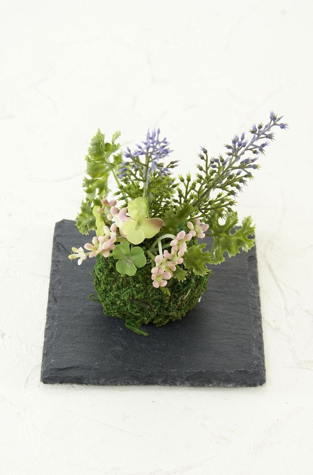 【造花 観葉植物 インテリアグリーン】miniこけ玉 リトルジャパーニーズ(下皿付き)A