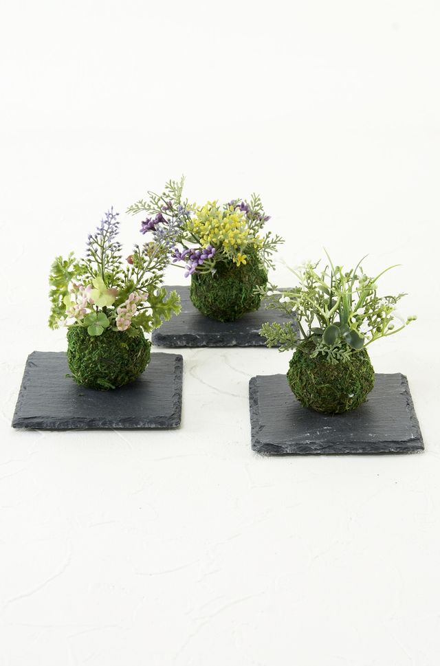 【造花 観葉植物 インテリアグリーン】miniこけ玉 リトルジャパーニーズ(下皿付き)A