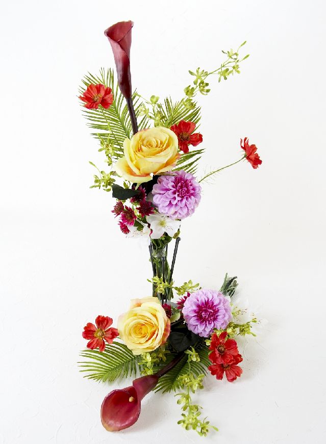 【造花の仏花・供花】ダリア＆カラーのモダン洋風供花（左右１対セット）