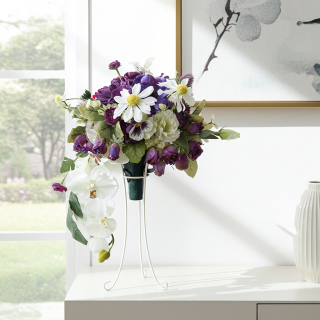 【アーティフィシャルフラワー　インテリアブーケアレンジ】ワイヤースタンドブーケ風アレンジメント/ブーケ・ミラ（スタンド付き）