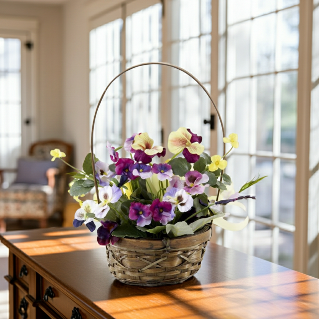 【造花・アーティフィシャルフラワー・カゴアレンジメント】パンジーのミックスカラーバスケットアレンジ