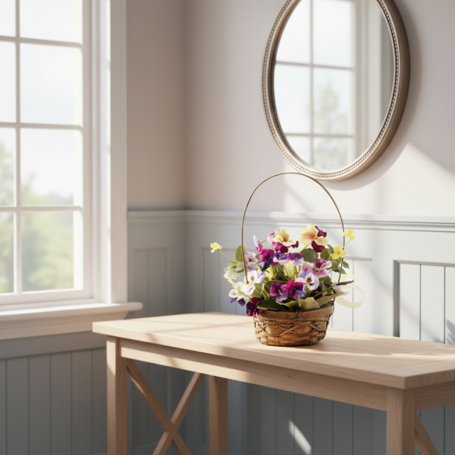 【造花・アーティフィシャルフラワー・カゴアレンジメント】パンジーのミックスカラーバスケットアレンジ