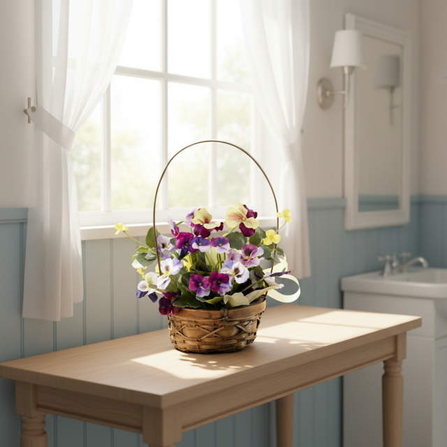 【造花・アーティフィシャルフラワー・カゴアレンジメント】パンジーのミックスカラーバスケットアレンジ