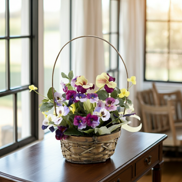 【造花・アーティフィシャルフラワー・カゴアレンジメント】パンジーのミックスカラーバスケットアレンジ