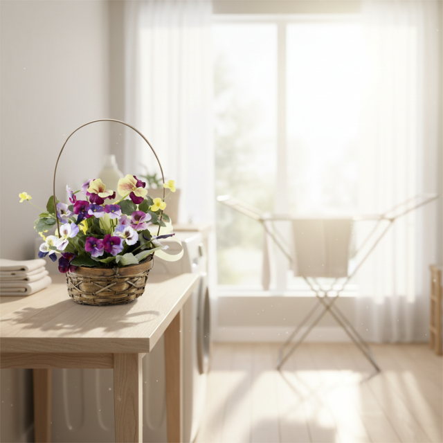 【造花・アーティフィシャルフラワー・カゴアレンジメント】パンジーのミックスカラーバスケットアレンジ