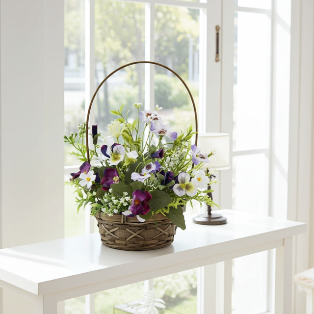【造花・アーティフィシャルフラワー・カゴアレンジメント】ビオラのパープル系ミックスカラー・カゴバスケットアレンジ