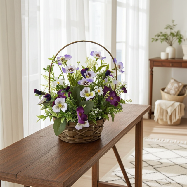 【造花・アーティフィシャルフラワー・カゴアレンジメント】ビオラのパープル系ミックスカラー・カゴバスケットアレンジ