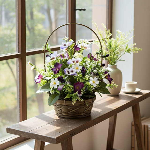 【造花・アーティフィシャルフラワー・カゴアレンジメント】ビオラのパープル系ミックスカラー・カゴバスケットアレンジ