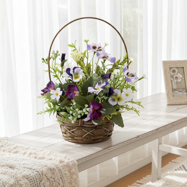 【造花・アーティフィシャルフラワー・カゴアレンジメント】ビオラのパープル系ミックスカラー・カゴバスケットアレンジ