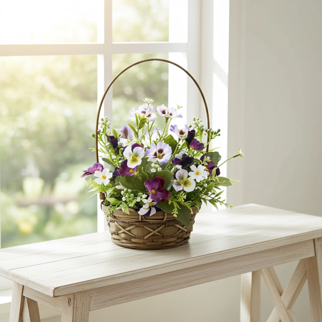 【造花・アーティフィシャルフラワー・カゴアレンジメント】ビオラのパープル系ミックスカラー・カゴバスケットアレンジ
