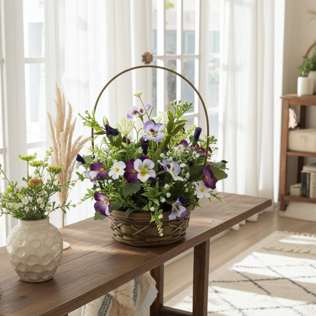 【造花・アーティフィシャルフラワー・カゴアレンジメント】ビオラのパープル系ミックスカラー・カゴバスケットアレンジ