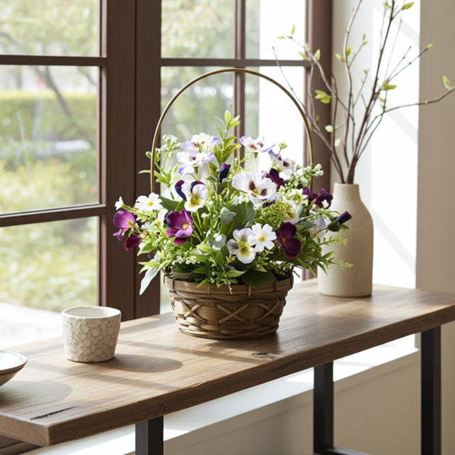 【造花・アーティフィシャルフラワー・カゴアレンジメント】ビオラのパープル系ミックスカラー・カゴバスケットアレンジ