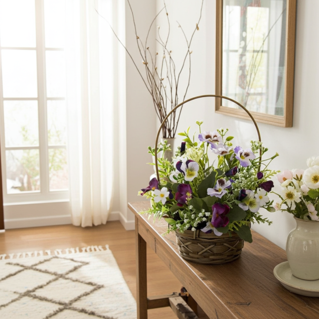 【造花・アーティフィシャルフラワー・カゴアレンジメント】ビオラのパープル系ミックスカラー・カゴバスケットアレンジ