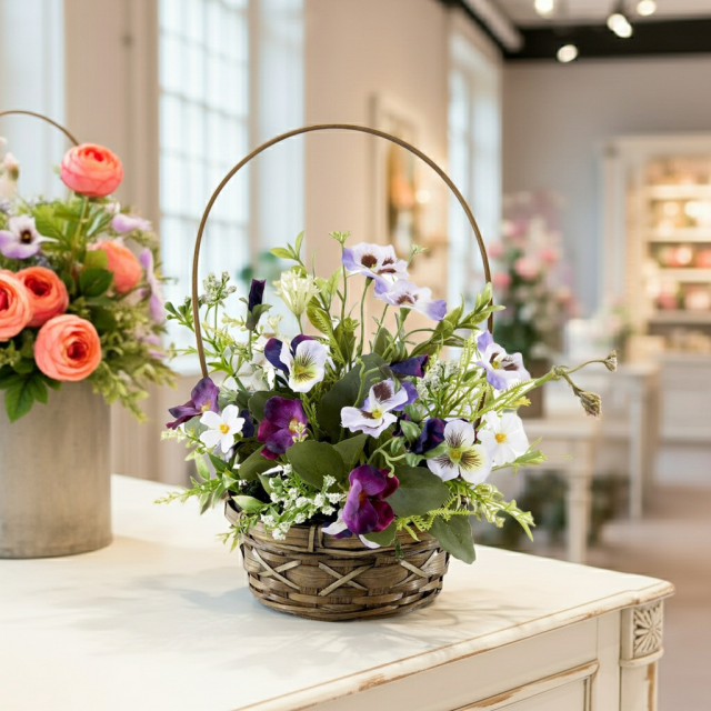 【造花・アーティフィシャルフラワー・カゴアレンジメント】ビオラのパープル系ミックスカラー・カゴバスケットアレンジ