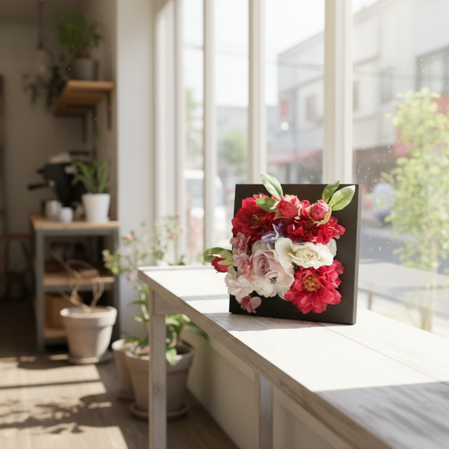 【アーティフィシャル壁掛・造花インテリアフラワー】スクエアフレームアレンジ・メリー/芽里