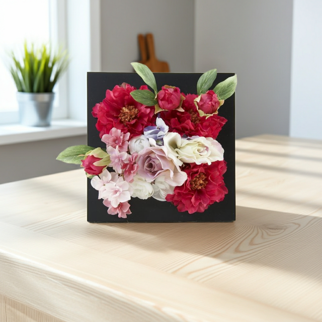 【アーティフィシャル壁掛・造花インテリアフラワー】スクエアフレームアレンジ・メリー/芽里