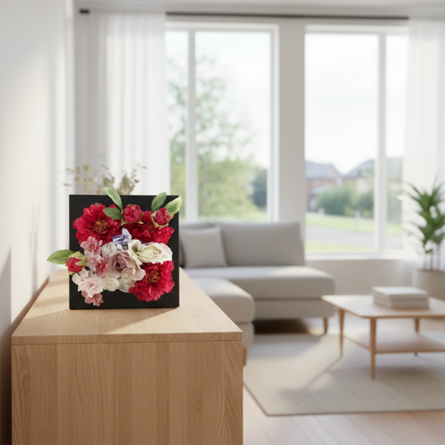 【アーティフィシャル壁掛・造花インテリアフラワー】スクエアフレームアレンジ・メリー/芽里