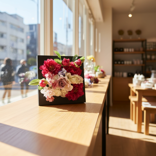 【アーティフィシャル壁掛・造花インテリアフラワー】スクエアフレームアレンジ・メリー/芽里