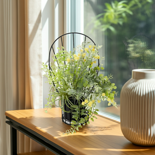 【造花 アーティフィシャルフラワー・割れない花器のナチュラルインテリアグリーンアレンジ】ミモザ＆ユーカリのアレンジ