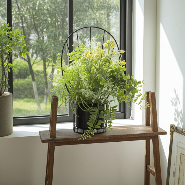 【造花 アーティフィシャルフラワー・割れない花器のナチュラルインテリアグリーンアレンジ】ミモザ＆ユーカリのアレンジ