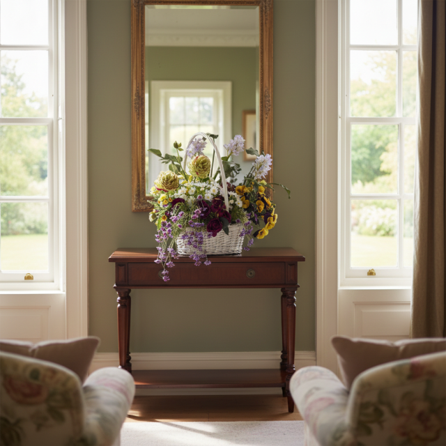 【造花・アートフラワー・籠・ナチュラルバスケットアレンジ】エネルジーア