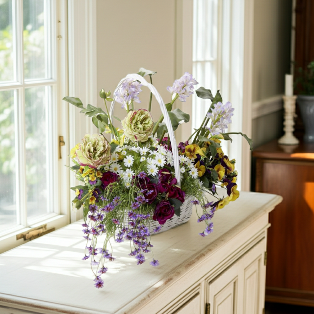 【造花・アートフラワー・籠・ナチュラルバスケットアレンジ】エネルジーア