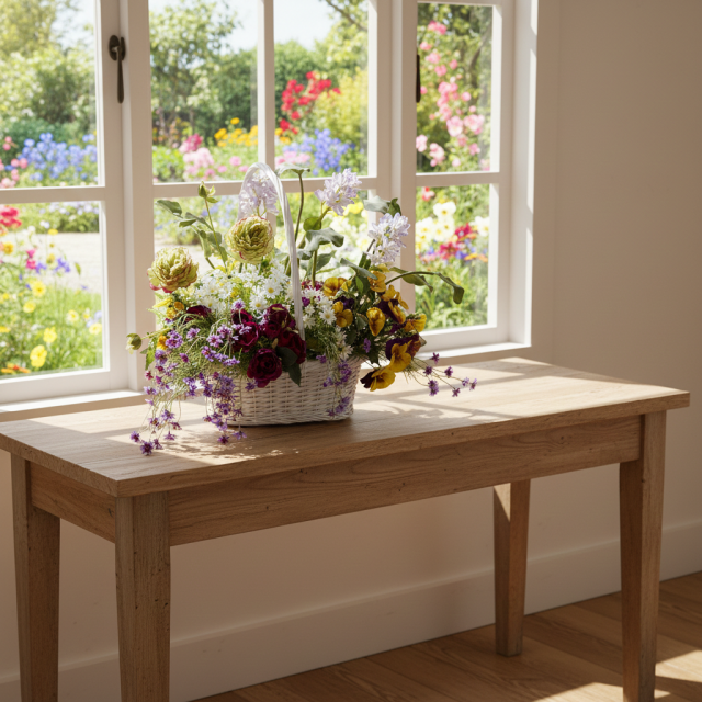 【造花・アートフラワー・籠・ナチュラルバスケットアレンジ】エネルジーア