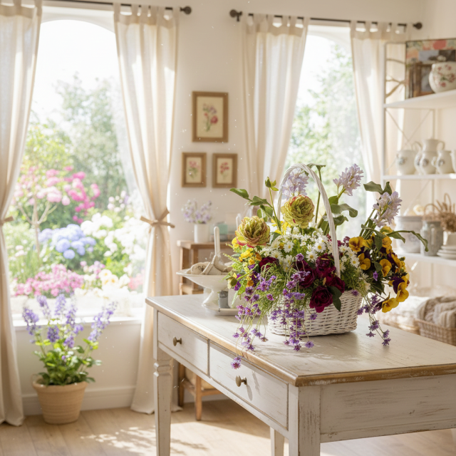 【造花・アートフラワー・籠・ナチュラルバスケットアレンジ】エネルジーア