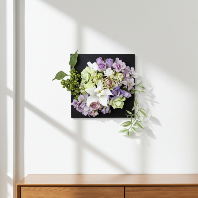 【アーティフィシャル壁掛・造花インテリアフラワー】スクエアフレームアレンジ・シエラ−紫恵蘭