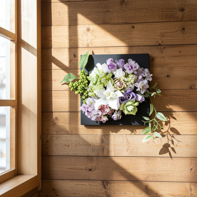 【アーティフィシャル壁掛・造花インテリアフラワー】スクエアフレームアレンジ・シエラ−紫恵蘭