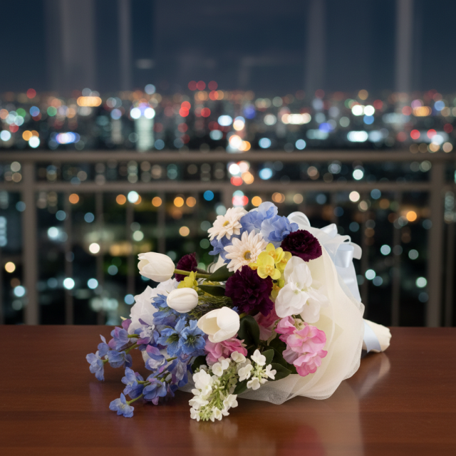 【贈答・贈呈用花束・造花花束・花束ギフト】スイートピーとチューリップのアーティフィシャルフラワーブーケ/ブルーミックス