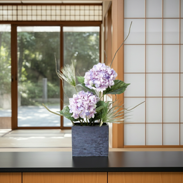 造花・和モダン・和風アレンジメント】紫陽花とパピルスのジャパニーズ