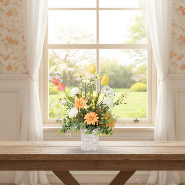 【造花・アーティフィシャルフラワー・インテリアアレンジ・母の日ギフト】チューリップとガーベラのアレンジフラワー/Yellow Sunshine 