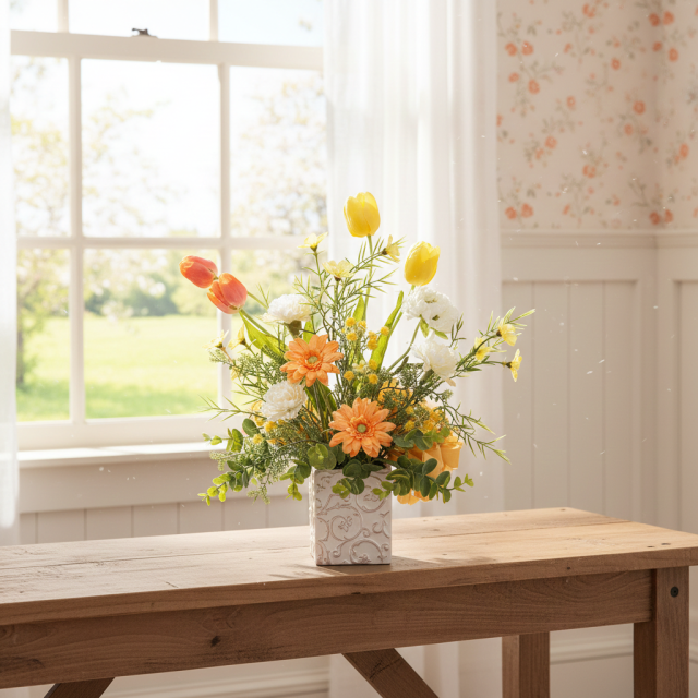 【造花・アーティフィシャルフラワー・インテリアアレンジ・母の日ギフト】チューリップとガーベラのアレンジフラワー/Yellow Sunshine 