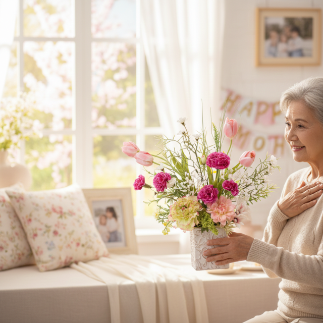 【母の日 ギフト】造花フラワーアレンジメント ピンク｜一点もの・上品ナチュラル・おしゃれインテリア・枯れない花