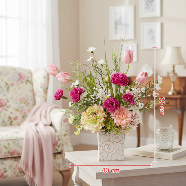 【母の日 ギフト】造花フラワーアレンジメント ピンク｜一点もの・上品ナチュラル・おしゃれインテリア・枯れない花