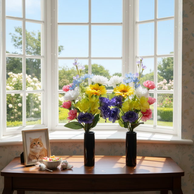 【アーティフィシャルフラワー・造花 お墓・お仏壇向け仏花・供花】向日葵とアルストロメリアの洋風供花（左右１対セット）