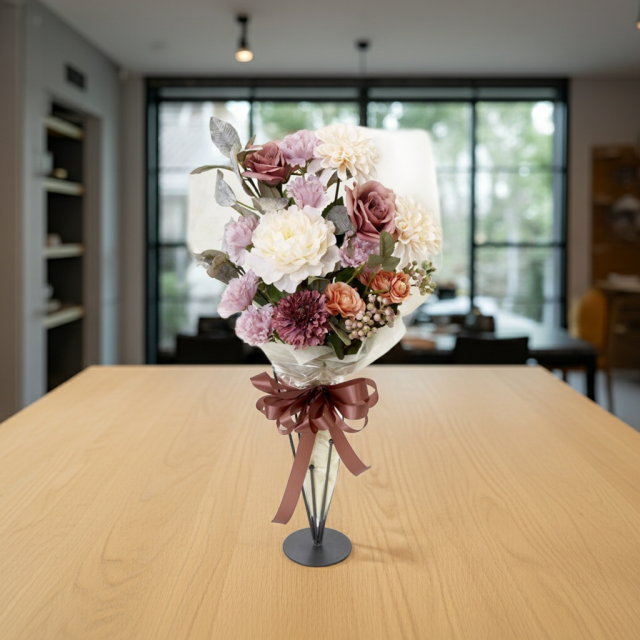 【贈答・贈呈用花束・造花花束・花束ギフト】バラとピオニーとカーネーションのアーティフィシャルフラワーブーケ/ダスティーローズ