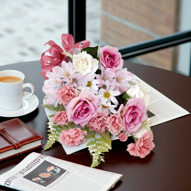 【贈答・贈呈用花束・造花花束・花束ギフト】バラとアルストロメリアとカーネーションのアーティフィシャルフラワーブーケ