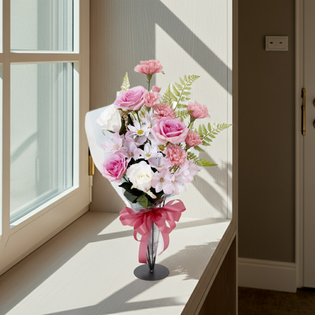 【贈答・贈呈用花束・造花花束・花束ギフト】バラとアルストロメリアとカーネーションのアーティフィシャルフラワーブーケ