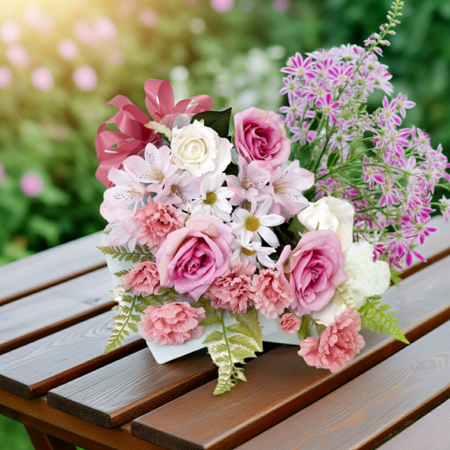 【贈答・贈呈用花束・造花花束・花束ギフト】バラとアルストロメリアとカーネーションのアーティフィシャルフラワーブーケ