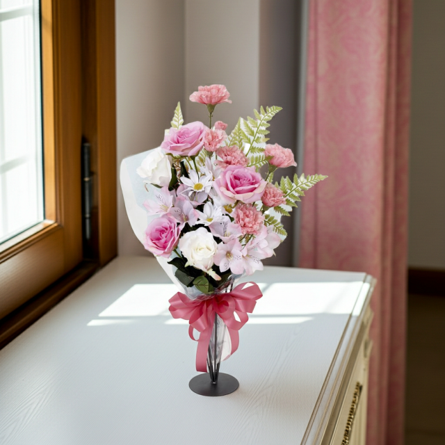 【贈答・贈呈用花束・造花花束・花束ギフト】バラとアルストロメリアとカーネーションのアーティフィシャルフラワーブーケ