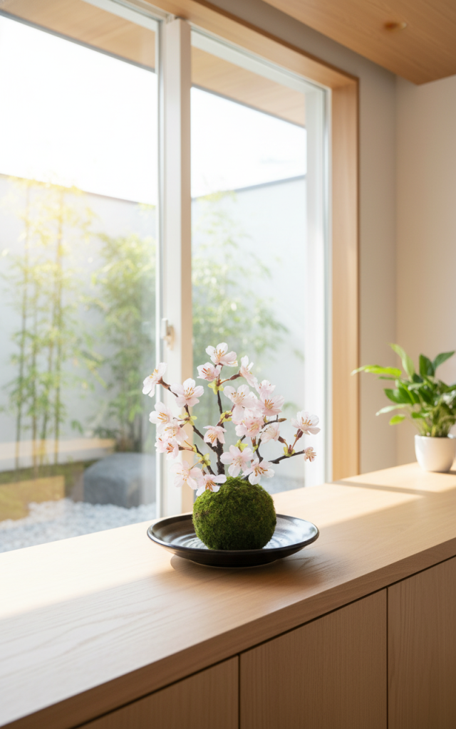 【造花 観葉植物 インテリアグリーン】こけ玉 ジャパーニーズモダンL（下皿付き）