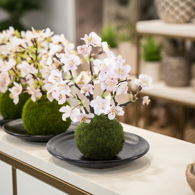 【造花 観葉植物 インテリアグリーン】こけ玉 ジャパーニーズモダンL（下皿付き）