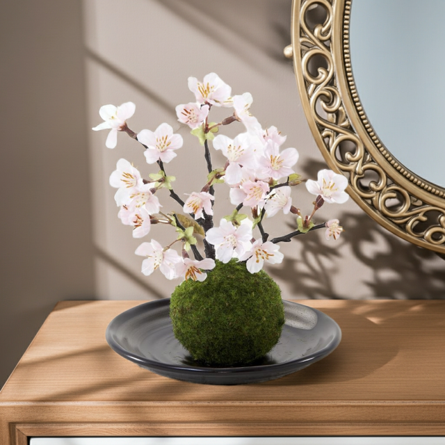 【造花 観葉植物 インテリアグリーン】こけ玉 ジャパーニーズモダンL（下皿付き）
