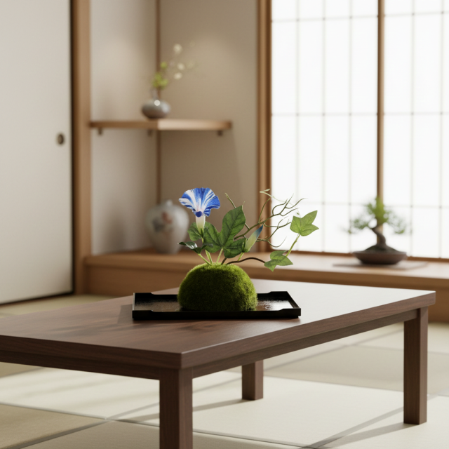 【造花 観葉植物 インテリアグリーン】こけ玉 ジャパーニーズモダンS（下皿付き）