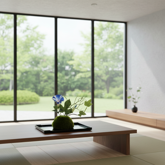 【造花 観葉植物 インテリアグリーン】こけ玉 ジャパーニーズモダンS（下皿付き）