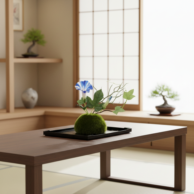 【造花 観葉植物 インテリアグリーン】こけ玉 ジャパーニーズモダンS（下皿付き）